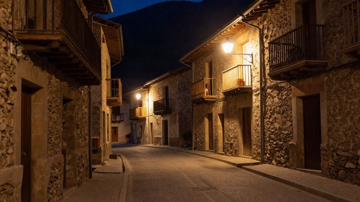 Imagen ilustrativa: calle estrecha de un pueblo de montaña iluminada por farolas de noche