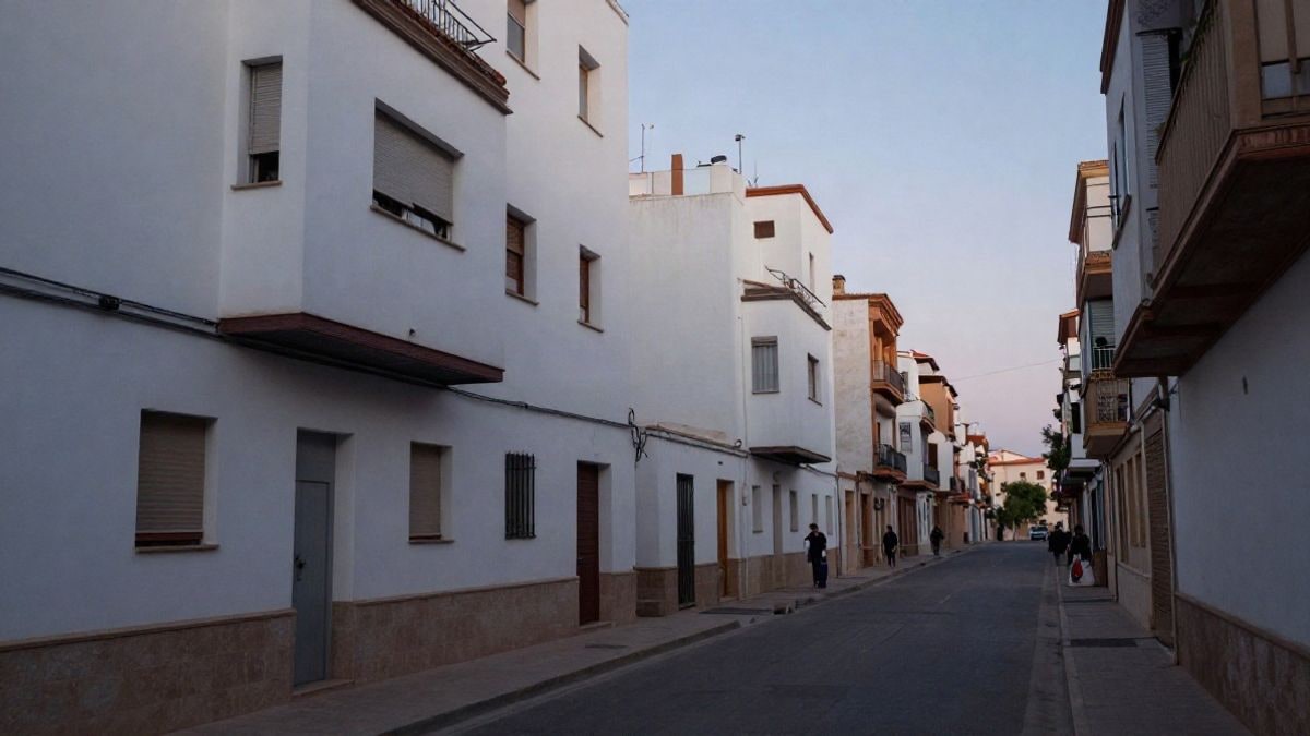 Imagen ilustrativa: fachadas blancas rehabilitadas de edificios de los años 60 con ascensores exteriores al atardecer.