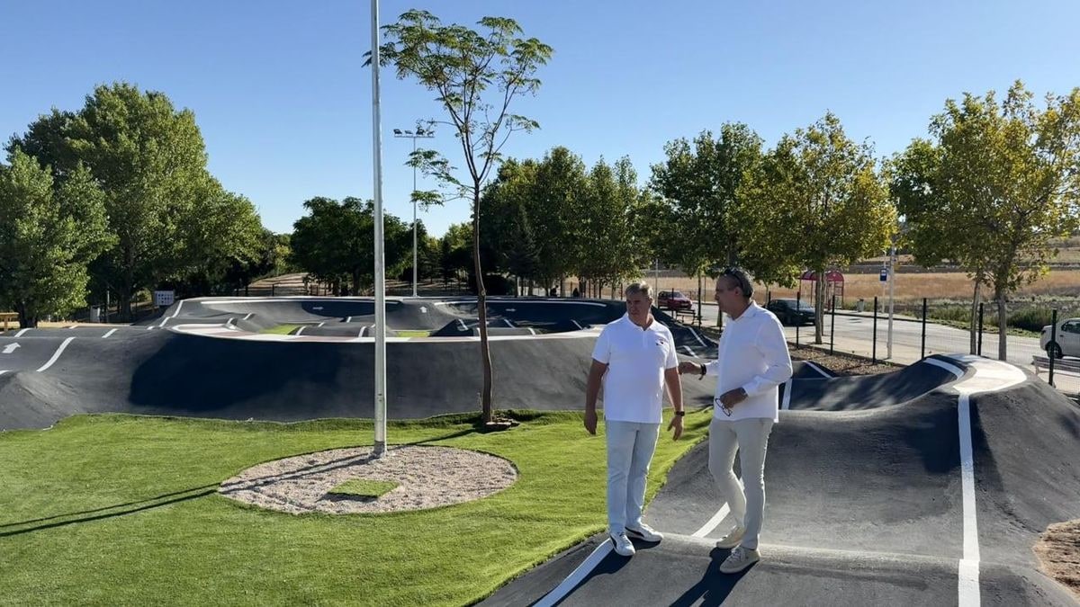 Imagen ilustrativa: pista de skate al aire libre con rampas de hormigón y un camino para bicicletas entre árboles