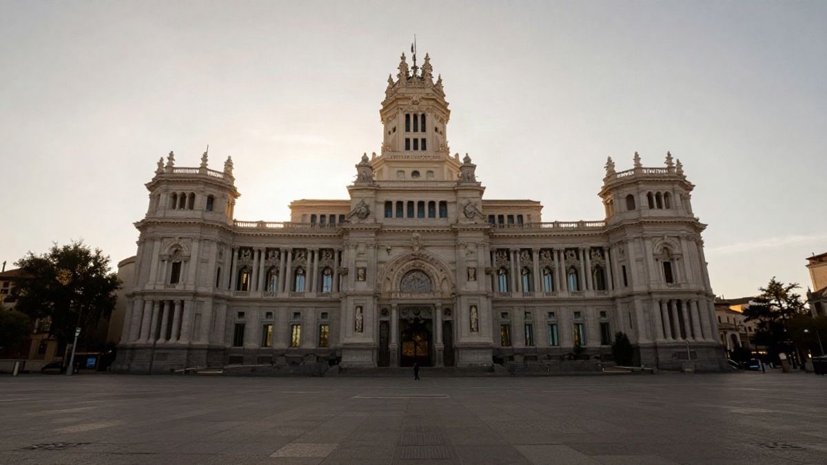 Imagen ilustrativa: fachada genérica de un edificio municipal al atardecer, con espacio amplio alrededor y una figura pequeña al fondo