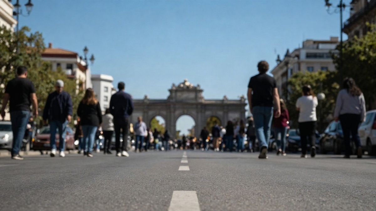 Imagen ilustrativa: una amplia avenida urbana vacía con un arco de piedra al fondo bajo un cielo despejado