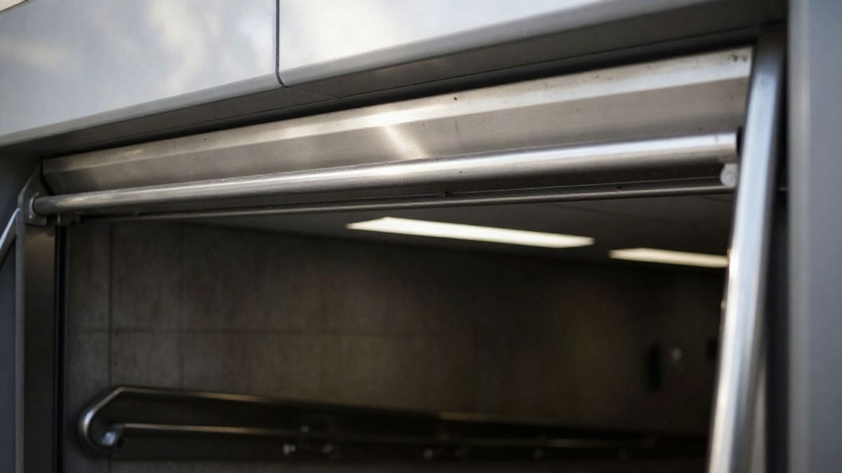 Imagen ilustrativa: primer plano macro de la entrada de un túnel de metro moderno con detalles arquitectónicos