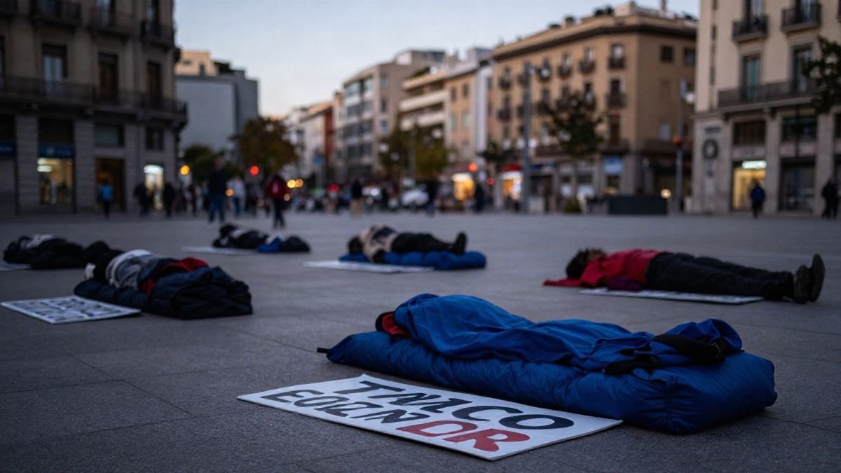 Imagen ilustrativa: plaza urbana al atardecer con pancartas y sacos de dormir en el suelo