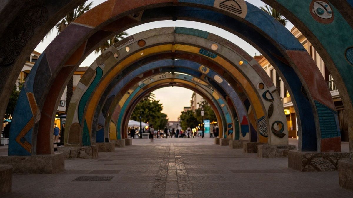 Imagen ilustrativa: arco colorido con formas geométricas en una plaza urbana