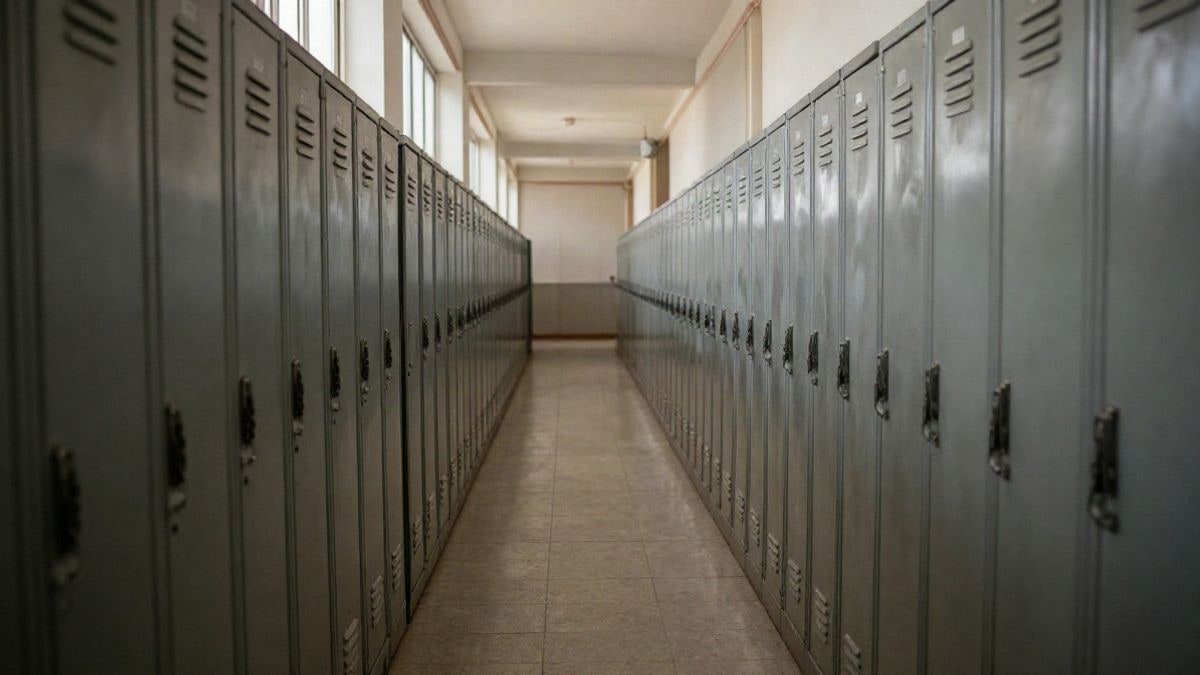 Imagen ilustrativa: pasillo vacío de un colegio con taquillas metálicas que se pierden en la distancia
