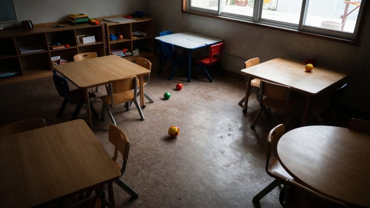 Imagen ilustrativa: vista cenital de un aula infantil vacía con mesas y sillas pequeñas