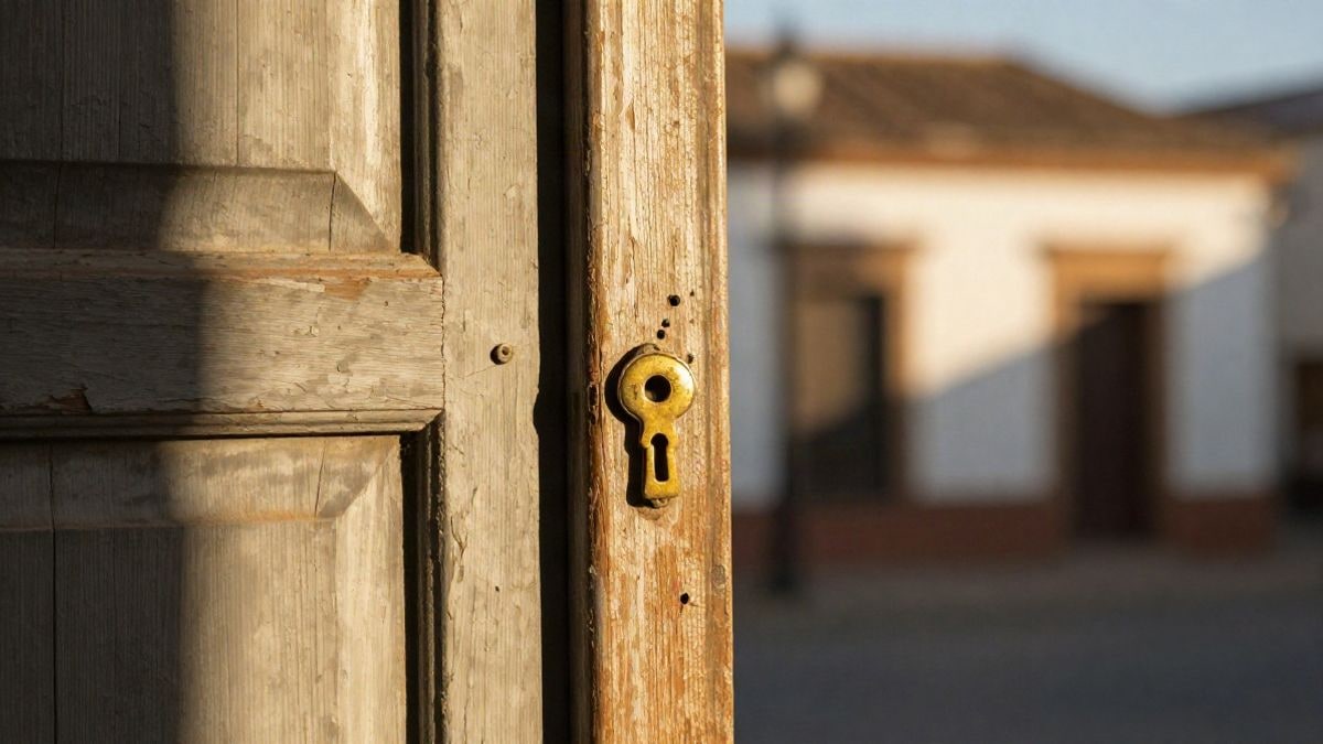 Imagen ilustrativa: detalle de una puerta de madera antigua con pintura desconchada y luz dorada de tarde