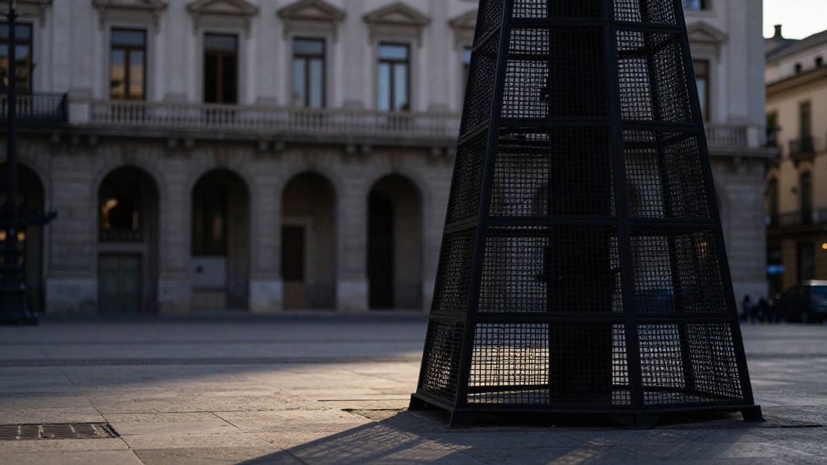 Imagen ilustrativa: estructura geométrica negra y triangular en una plaza urbana al atardecer, con una fachada señorial desenfocada al fondo