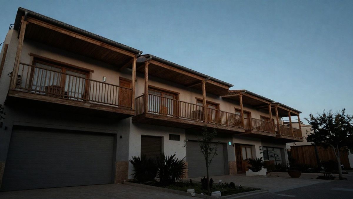 Imagen ilustrativa: edificio residencial bajo de madera con balcones y un pequeño jardín comunitario bajo el cielo