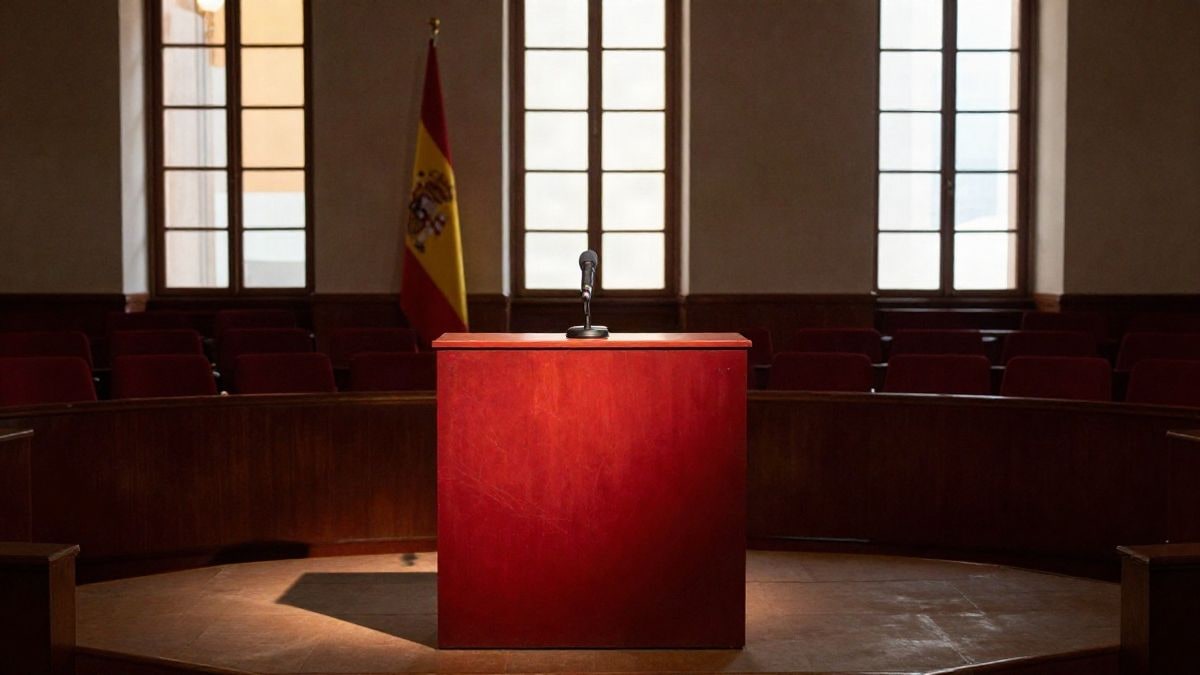 Imagen ilustrativa: un atril vacío en un salón de plenos municipal con luz natural