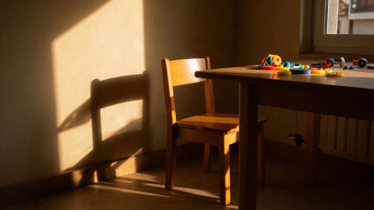 Imagen ilustrativa: sala de terapia infantil vacía con juguetes sensoriales y luz de atardecer entrando por la ventana