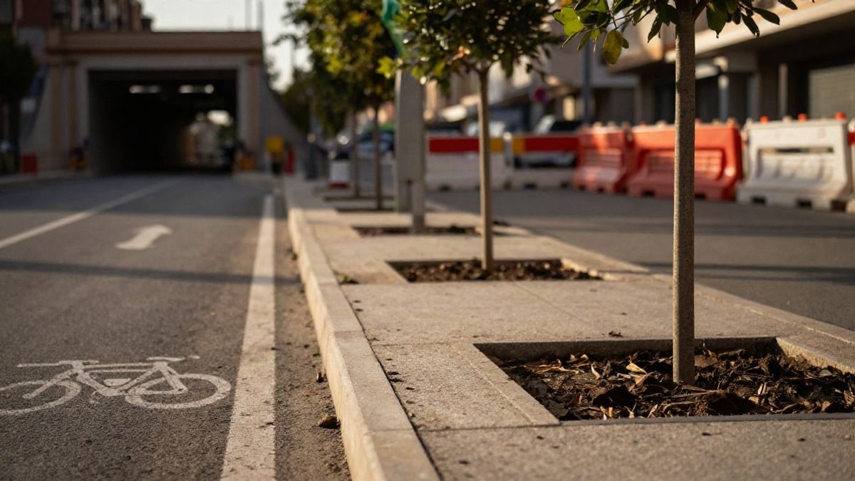 Imagen ilustrativa: acera recién pavimentada con carril bici y árboles jóvenes junto a una zona en obras
