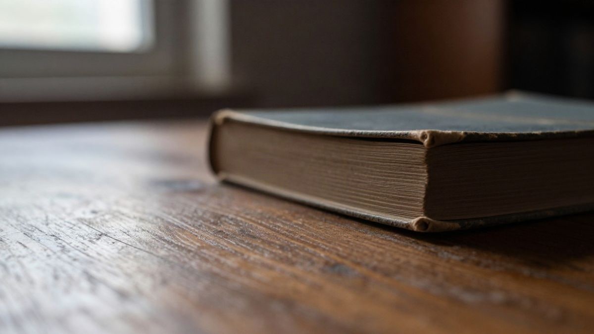 Imagen ilustrativa: detalle de una mesa de madera envejecida con un libro cerrado, iluminada por luz natural de ventana.
