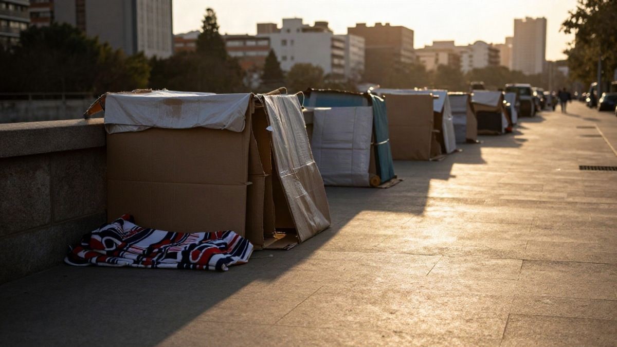 Imagen ilustrativa: refugios improvisados con cartones y mantas en una acera urbana al atardecer, con sombras alargadas