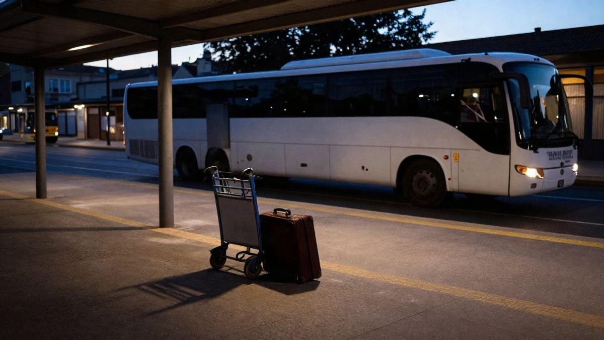 Imagen ilustrativa: andén de una estación de autobuses al atardecer con un autocar de largo recorrido y una maleta abandonada en el suelo