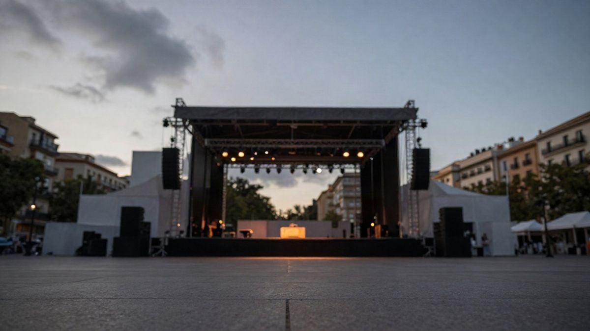 Imagen ilustrativa: escenario de concierto al aire libre en una plaza urbana al atardecer, visto desde el suelo con el cielo de fondo