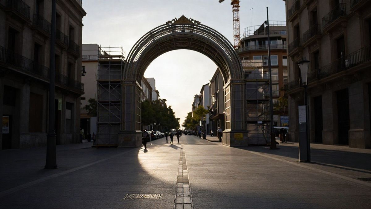 Imagen ilustrativa: arco decorativo en construcción en una plaza urbana con andamios y luz de atardecer