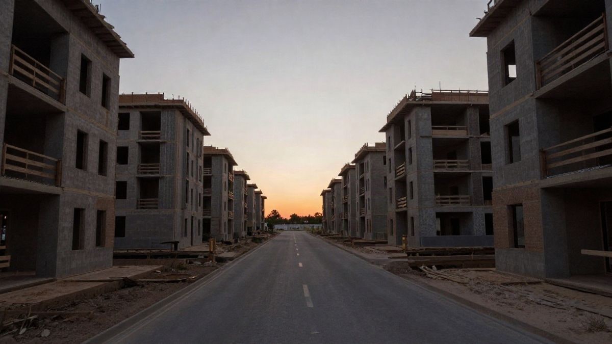 Imagen ilustrativa: hileras de edificios residenciales en construcción vistos en gran angular al atardecer, con una calle recta que se pierde en el horizonte