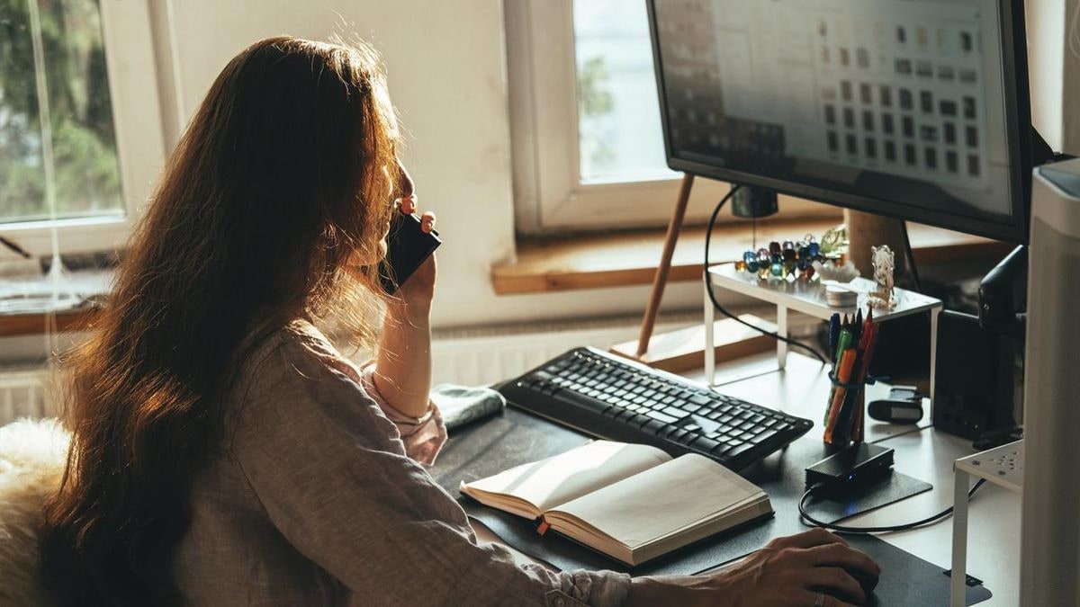 Imagen ilustrativa: escritorio de oficina en casa con una planta y una libreta, con luz natural entrando por la ventana