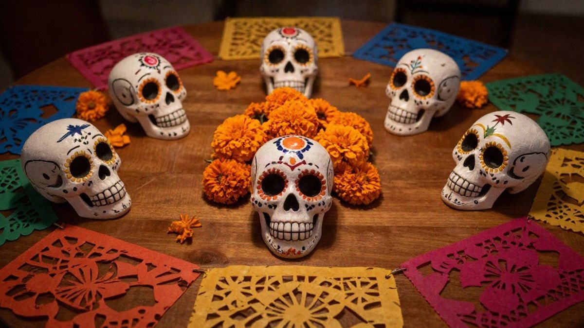 Imagen ilustrativa: mesa vista desde arriba con calaveras de azúcar, flores de cempasúchil y guirnaldas de papel picado