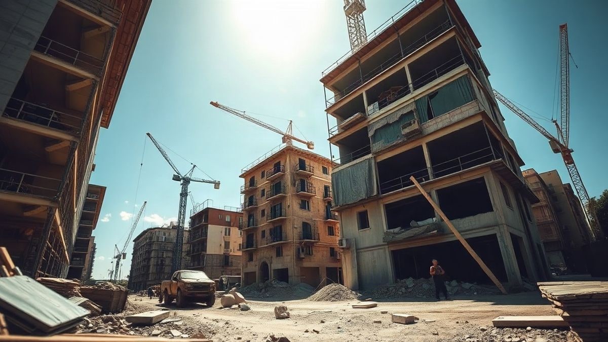 Imagen ilustrativa: obras de demolición en un solar con grúas y escombros bajo un cielo despejado.