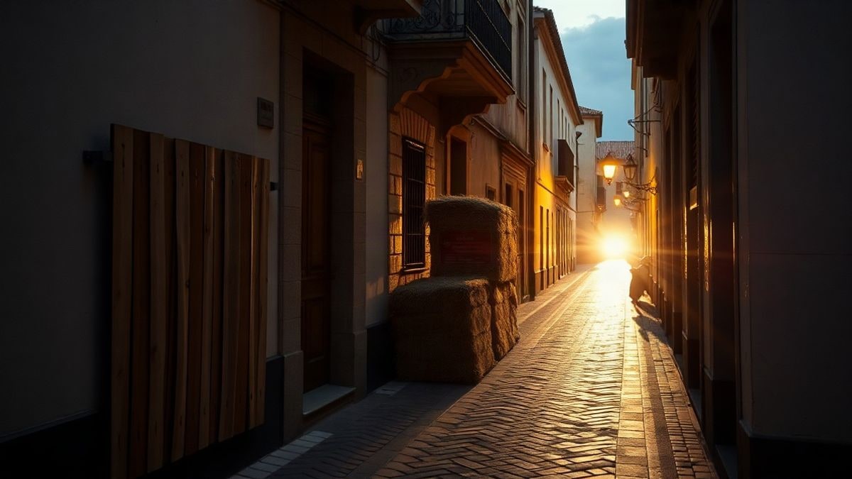 Imagen ilustrativa: calle empedrada con vallas de madera y farolas encendidas al amanecer, sin personas.