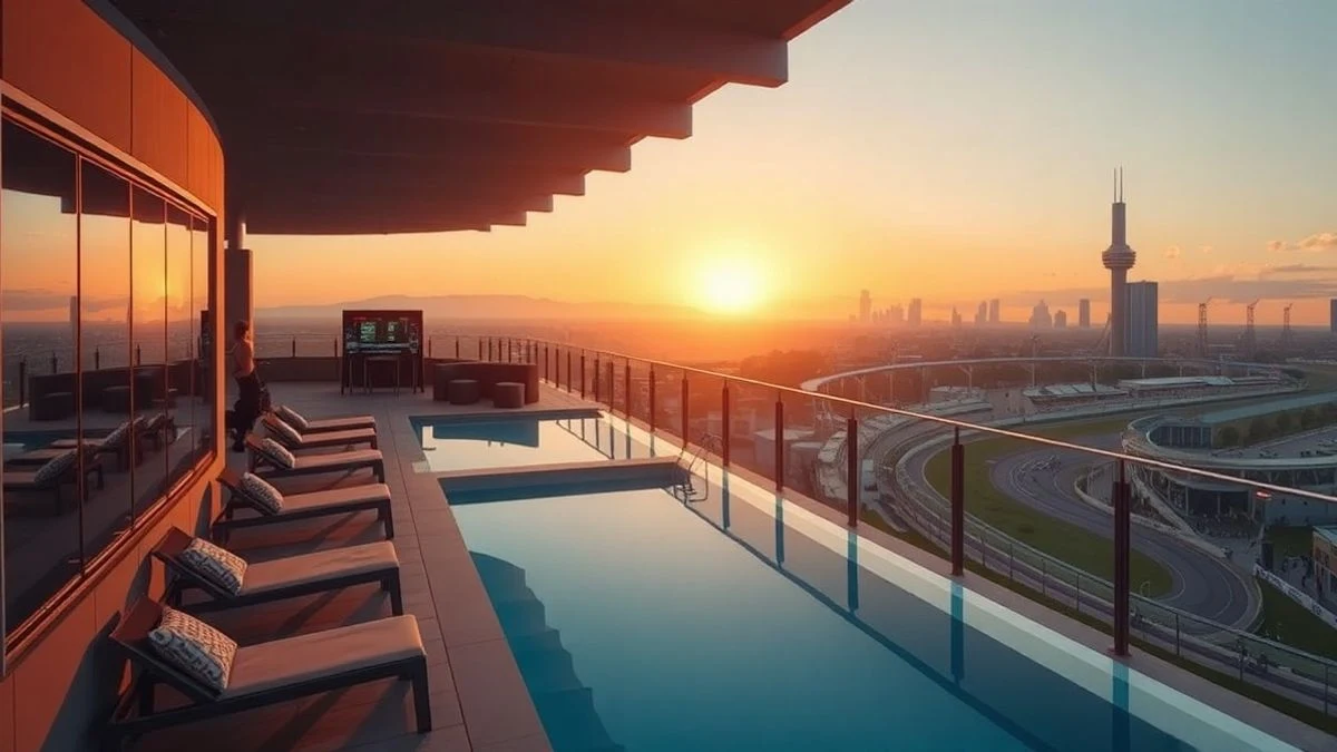 Imagen ilustrativa: terraza VIP con piscina al atardecer, con vistas a un circuito urbano y la ciudad de fondo.
