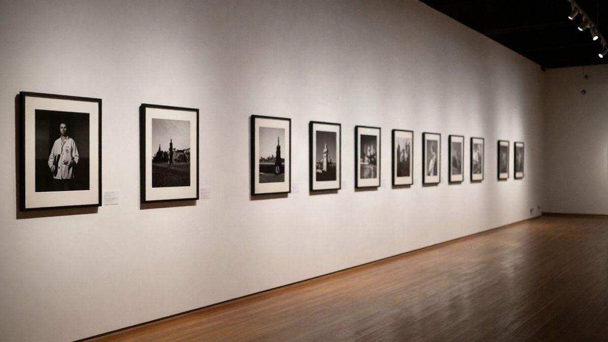 Imagen ilustrativa: sala de exposición vacía con una hilera de fotografías enmarcadas en blanco y negro sobre una pared blanca, iluminada por una luz lateral