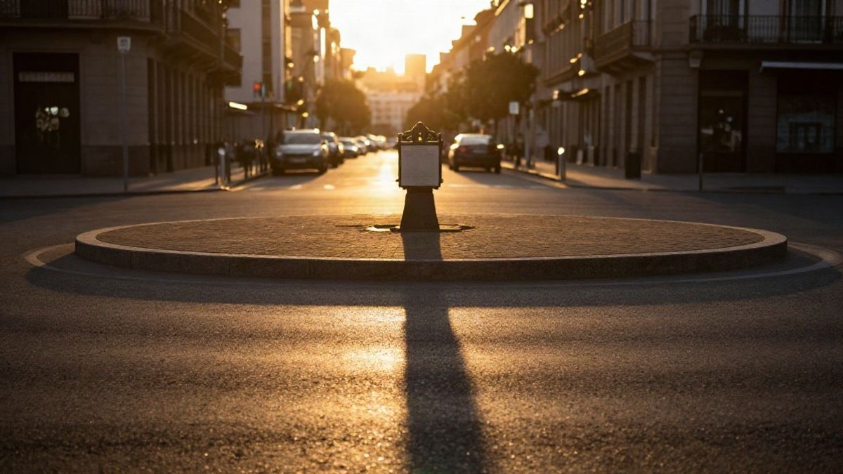 Imagen ilustrativa: una glorieta urbana circular al atardecer con un letrero ornamental y sombras alargadas sobre el asfalto