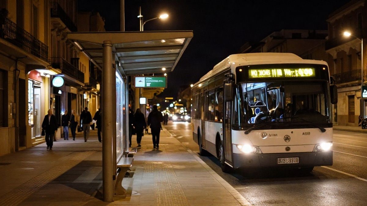 Imagen ilustrativa: parada de autobús urbano de noche con un vehículo eléctrico esperando bajo farolas