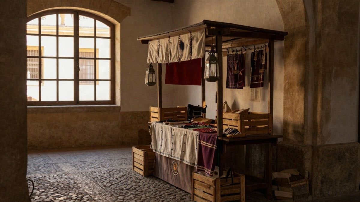 Imagen ilustrativa: puesto de mercado medieval con telas y farolillos en una plaza histórica