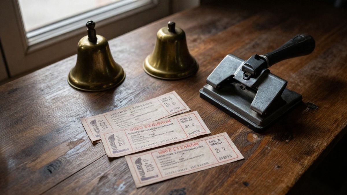 Imagen ilustrativa: vista cenital de billetes antiguos, un timbre de latón y una punzón de metal sobre una mesa de madera