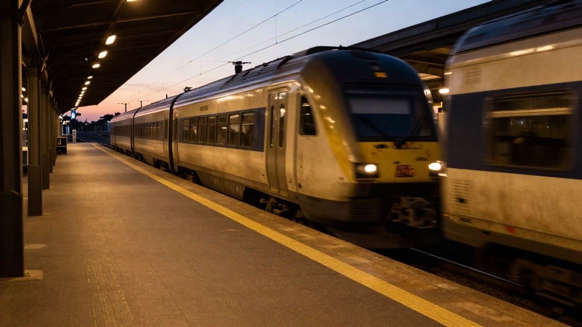 Imagen ilustrativa: andén de una estación de tren al atardecer con un convoy llegando