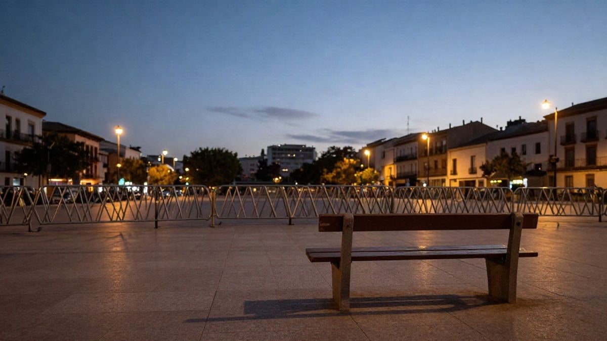 Imagen ilustrativa: una plaza urbana vacía al atardecer con un banco de madera y vallas metálicas plegadas en primer plano