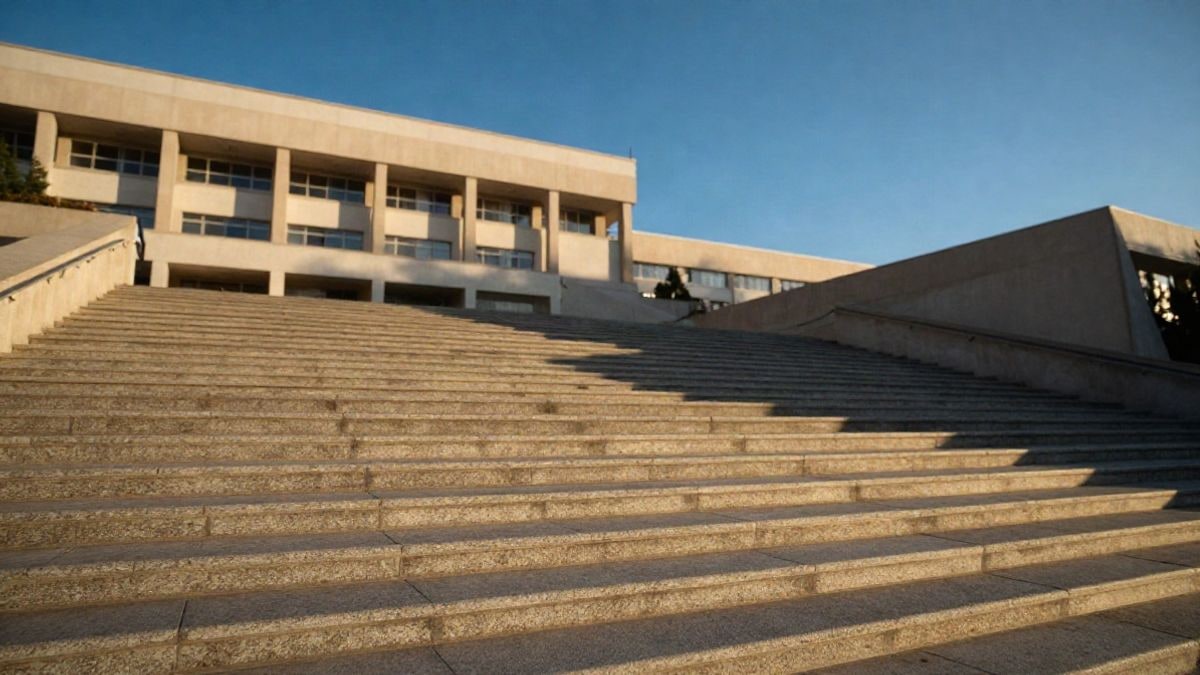 Imagen ilustrativa: escalinata exterior vacía de un edificio institucional moderno bajo un cielo despejado