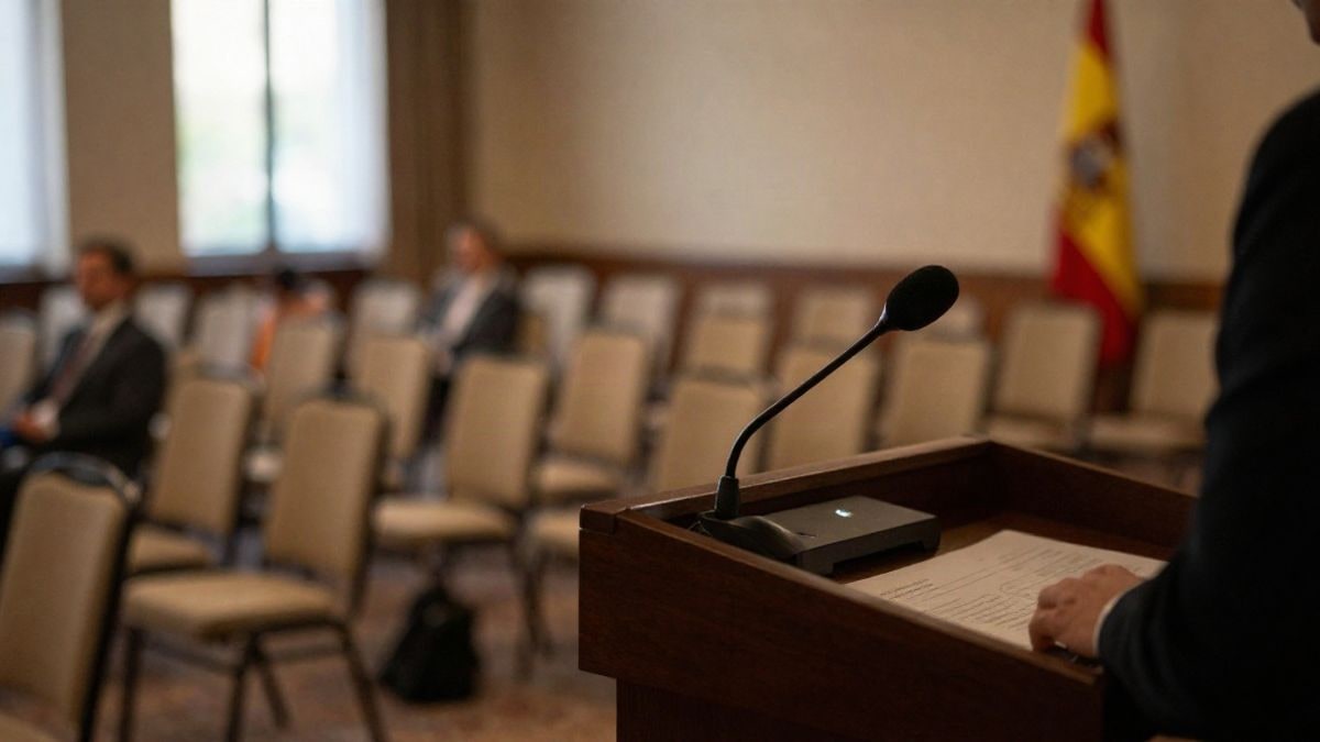 Imagen ilustrativa: un atril vacío con micrófono en una sala de conferencias de hotel