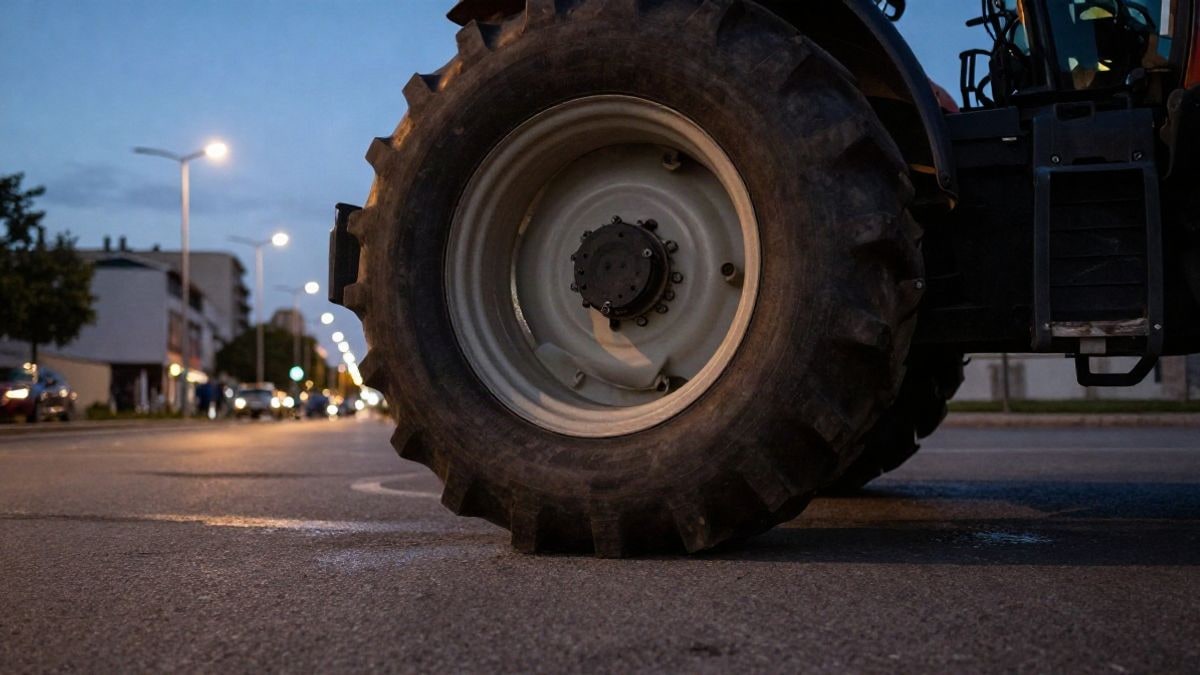 Imagen ilustrativa: neumático de tractor sobre asfalto urbano al atardecer, con una avenida desenfocada al fondo