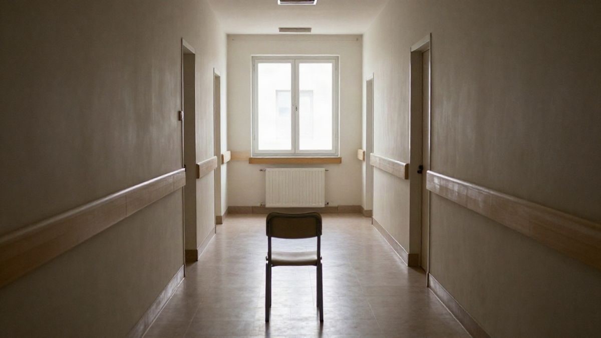 Imagen ilustrativa: pasillo de un centro sanitario con luz natural y una silla vacía en primer plano