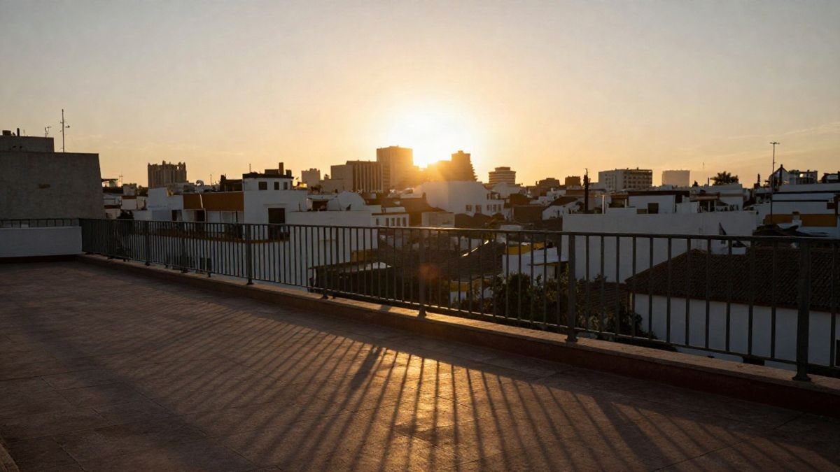 Imagen ilustrativa: barandilla de una terraza al atardecer con sombras largas y una ciudad desenfocada al fondo