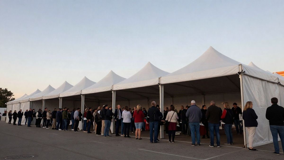 Imagen ilustrativa: carpa blanca de un evento con cola de visitantes a la entrada
