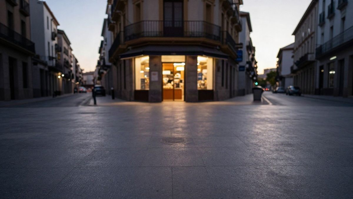 Imagen ilustrativa: una calle urbana vacía al atardecer con un escaparate iluminado descentrado y mucho espacio libre