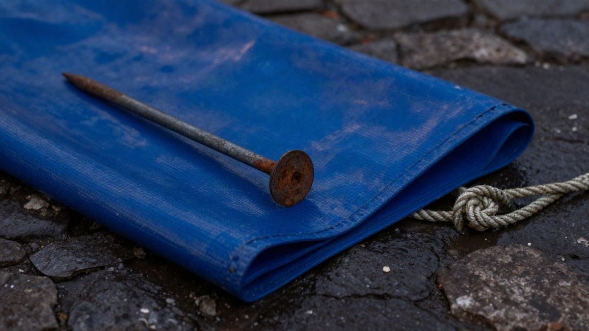 Imagen ilustrativa: primer plano de una lona azul doblada, una estaca metálica y una cuerda sobre adoquines mojados al atardecer
