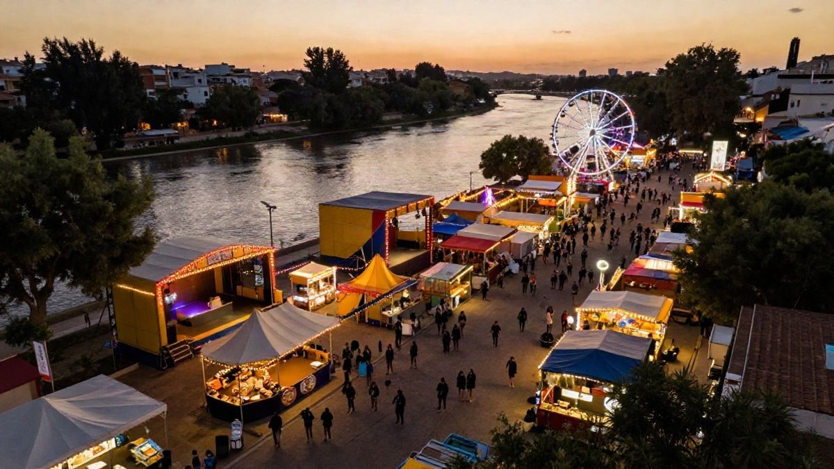 Imagen ilustrativa: vista aérea de un recinto ferial junto a un río al atardecer, con carpas, luces y pequeñas siluetas de gente