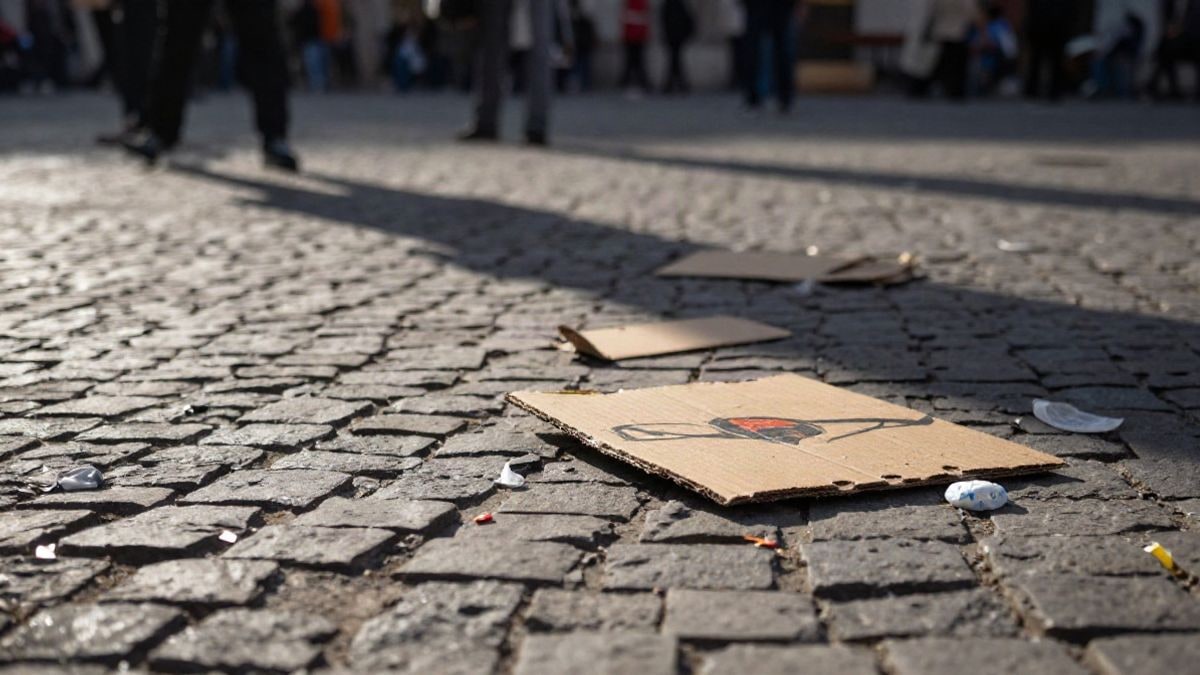 Imagen ilustrativa: detalle de adoquines desgastados con restos de cartón y plástico de una acampada urbana