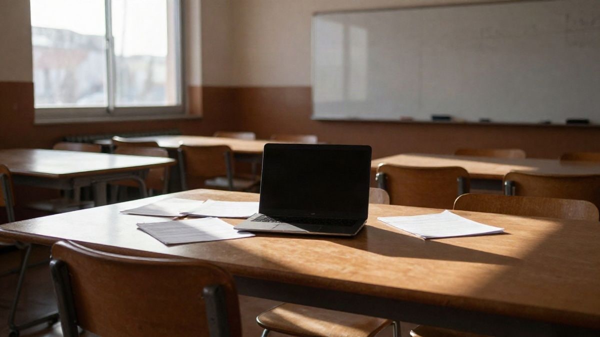 Imagen ilustrativa: sala de profesores vacía con luz de ventana lateral y documentos sobre una mesa