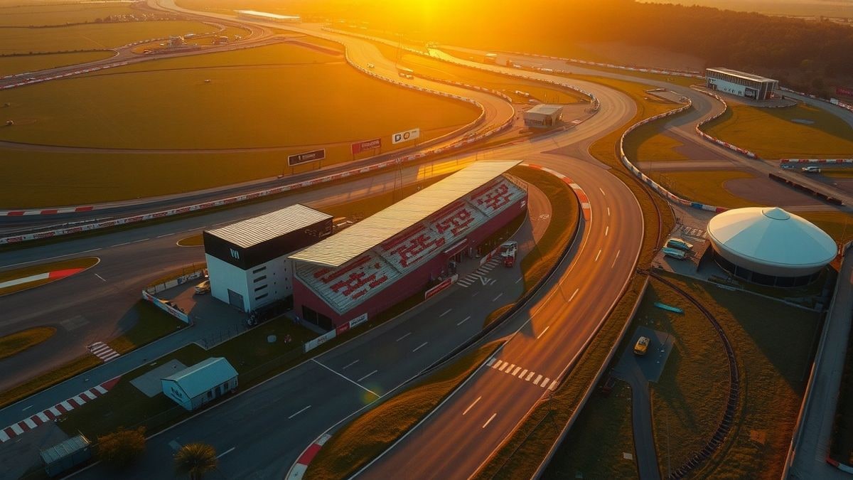 Imagen ilustrativa: circuito de carreras vacío al atardecer, con sombras largas sobre el asfalto y gradas sin público.