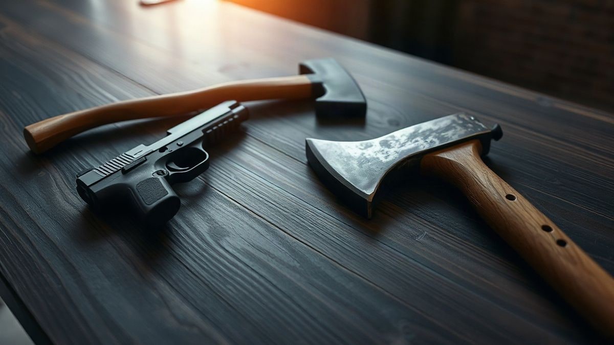 Imagen ilustrativa: una pistola, un hacha y un pico sobre una mesa de madera oscura