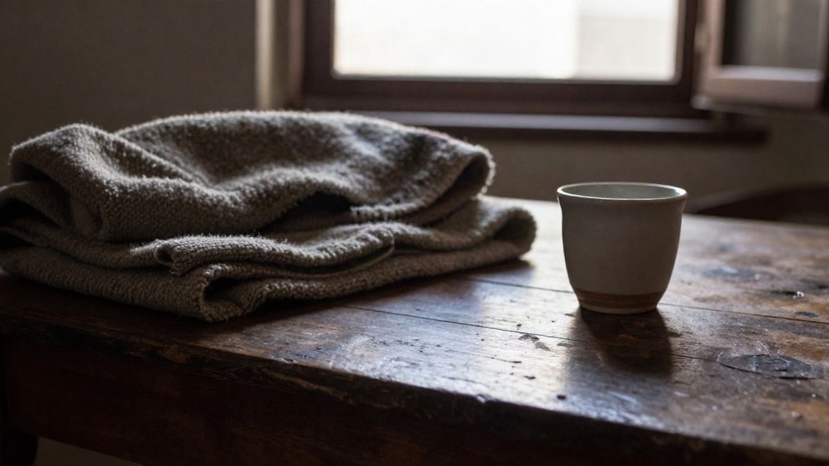 Imagen ilustrativa: detalle de una mesa de madera gastada con una manta doblada y una taza de cerámica junto a una ventana