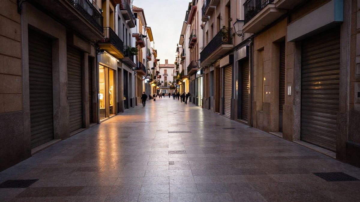 Imagen ilustrativa: calle comercial vacía al atardecer, con escaparates cerrados y líneas que convergen hacia el fondo