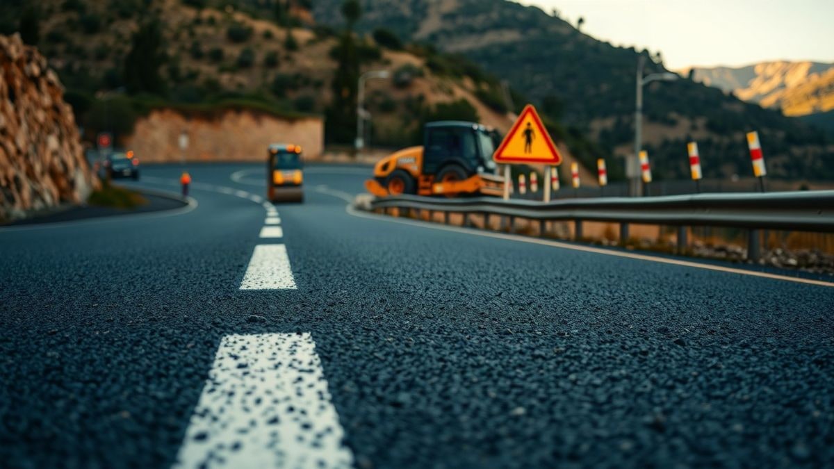Imagen ilustrativa: carretera de montaña con asfalto renovado y señal de obras